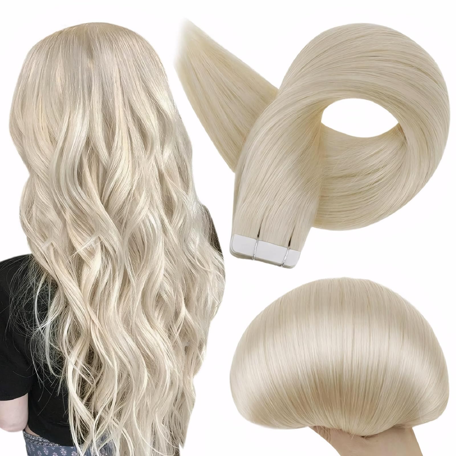 Full Shine Extensiones de cinta rubio platino, color natural para acabado suave.