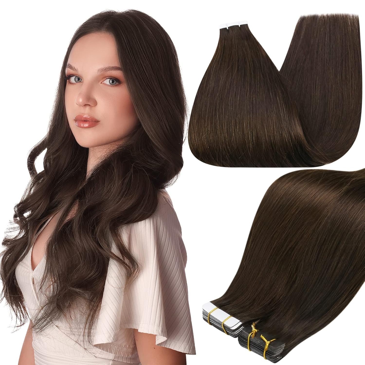 Extensiones a cinta Full Shine 22 pulgadas color 2 marrón oscuro para un aspecto natural