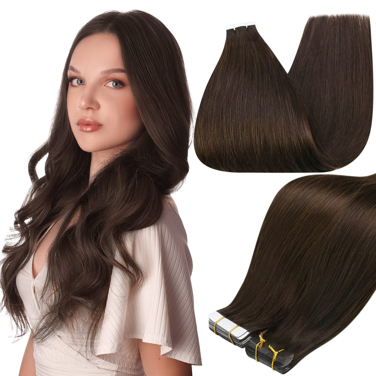 Full Shine Tape-in Extensiones Remy brindan longitud natural y brillo suave.