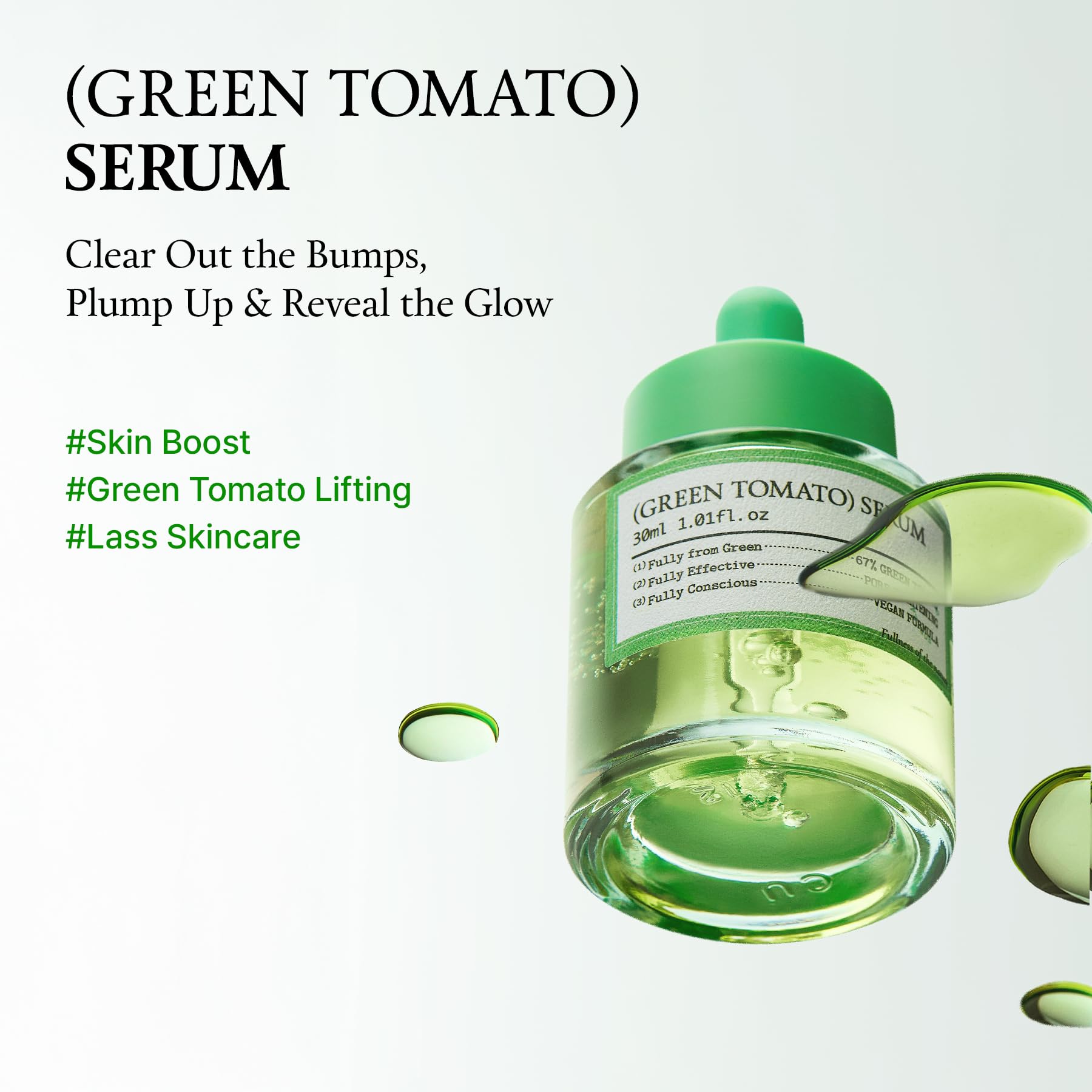 FULLY Suero Tomate Verde etiqueta minimalista para una rutina limpia.
