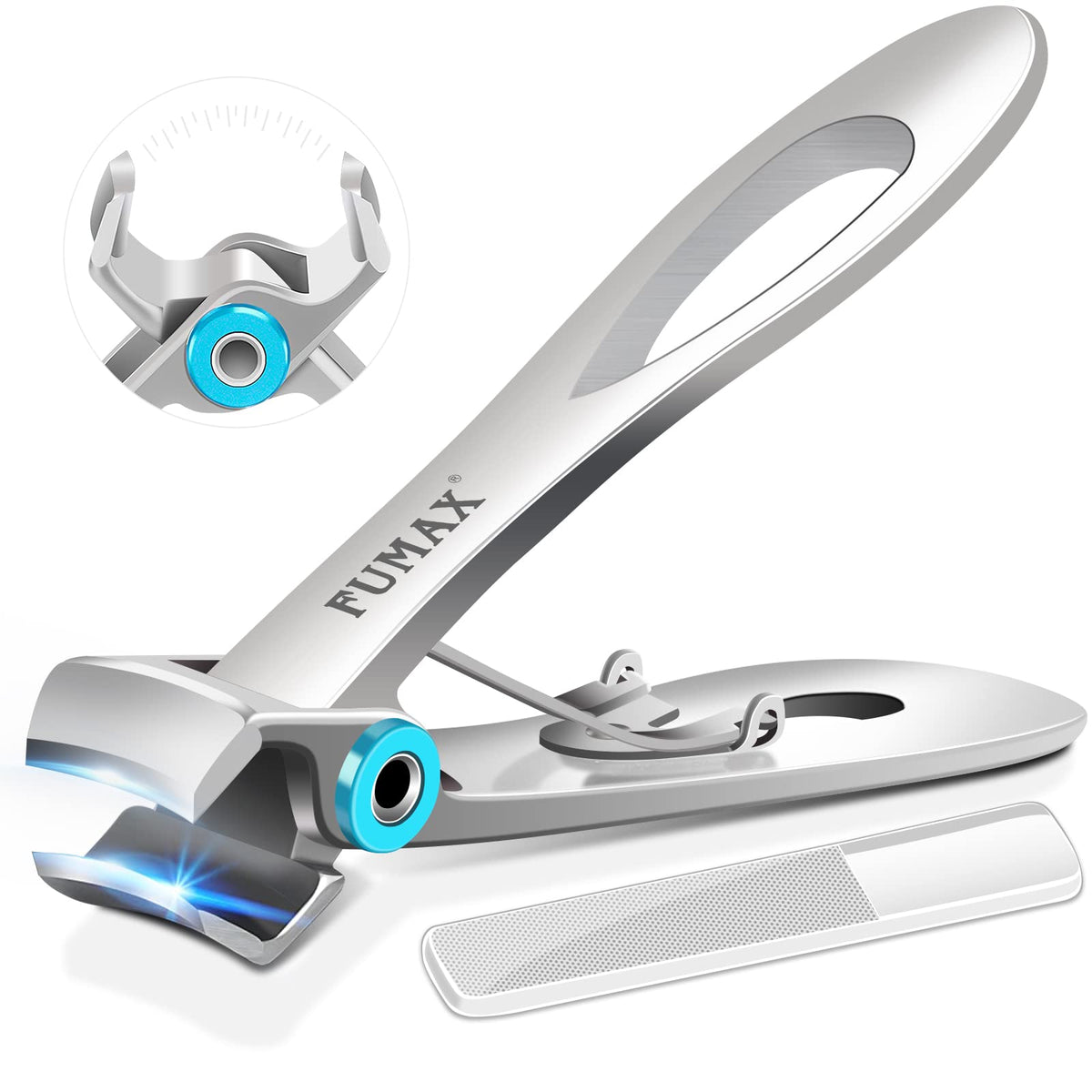 Cortaúñas FUMAX con apertura amplia para uñas gruesas, fácil de recortar.