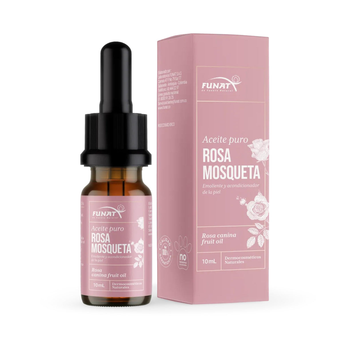 FUNAT Aceite de Rosa Mosqueta Puro en botella, hidratación facial suave.