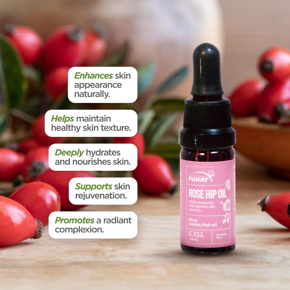 FUNAT Aceite de Rosa Mosqueta Puro, textura ligera que se absorbe rápidamente.