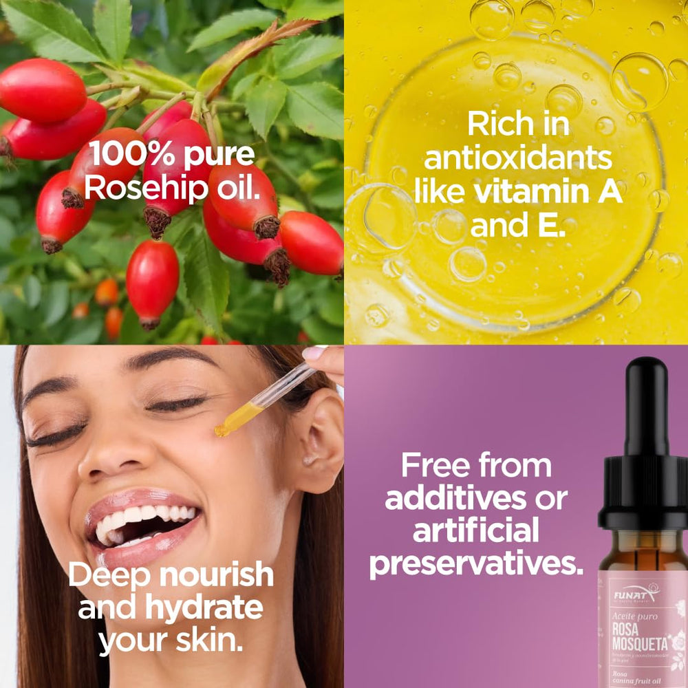 FUNAT Aceite de Rosa Mosqueta Puro para rostro y cuerpo, nutrición suave.