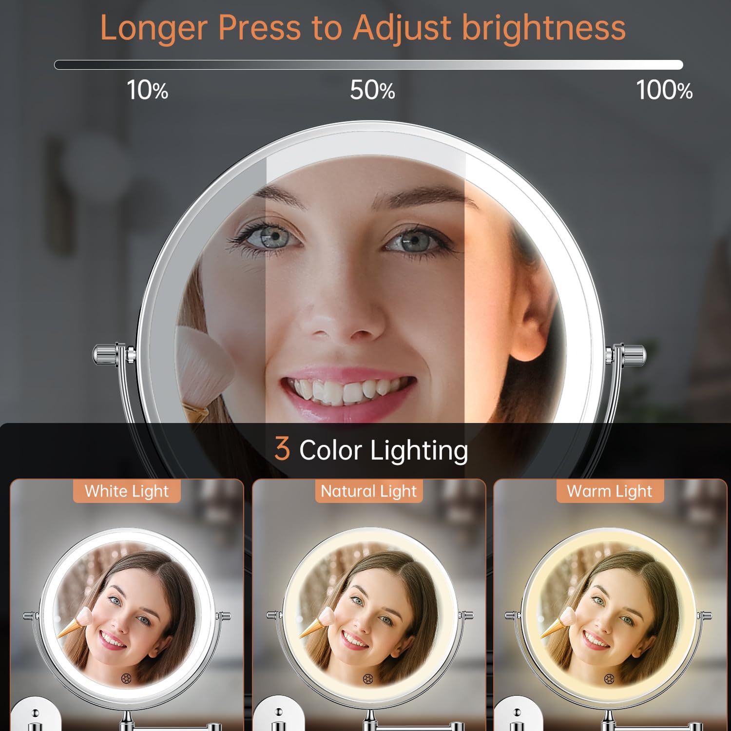 FUNTOUCH miroir avec trois couleurs de lumière pour différents éclairages.