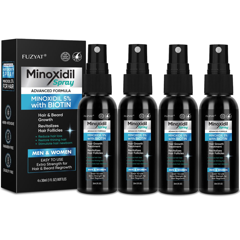 FUZYAT Minoxidil 5% spray, muestra la botella y el uso diario para el cabello.