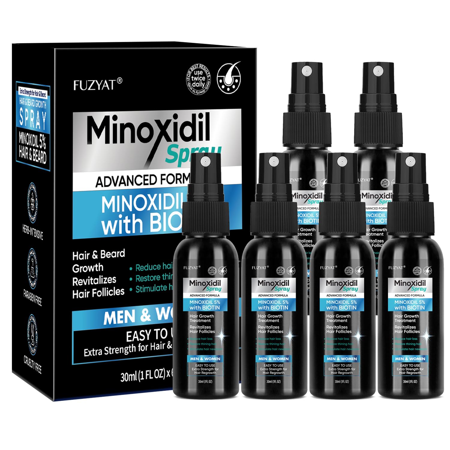 FUZYAT Minoxidil 5% en spray para crecimiento capilar.