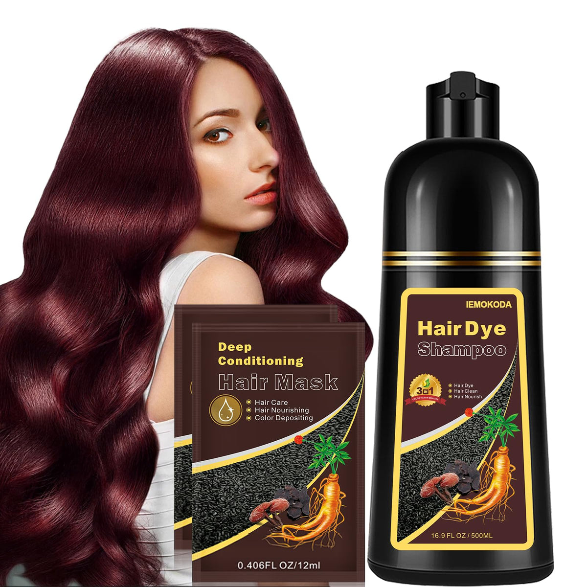 Fvquhvo Natural Red Hair Shampoo bottle showing color-rich formula for gray coverage.