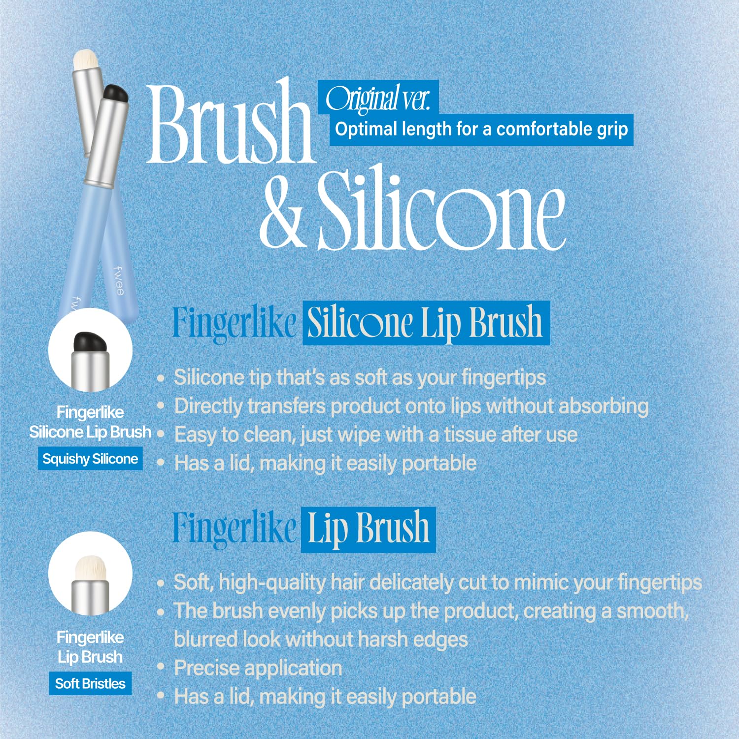 fwee brocha labial silicona ergonómica, agarre cómodo para aplicación precisa.