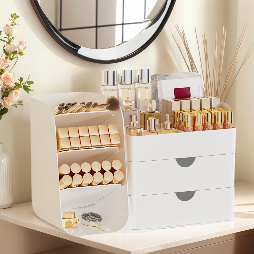 FYABREEK organizador de baño con estantes superiores para brochas y fijadores.