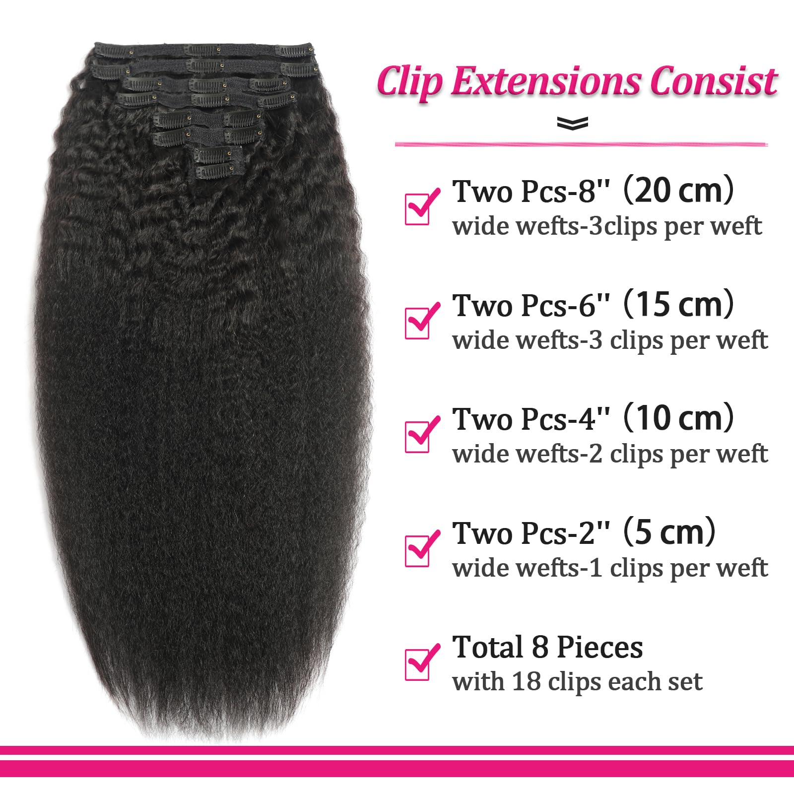 FZV kinky straight clip-in texture close-up showing silky, tangle-free finish.