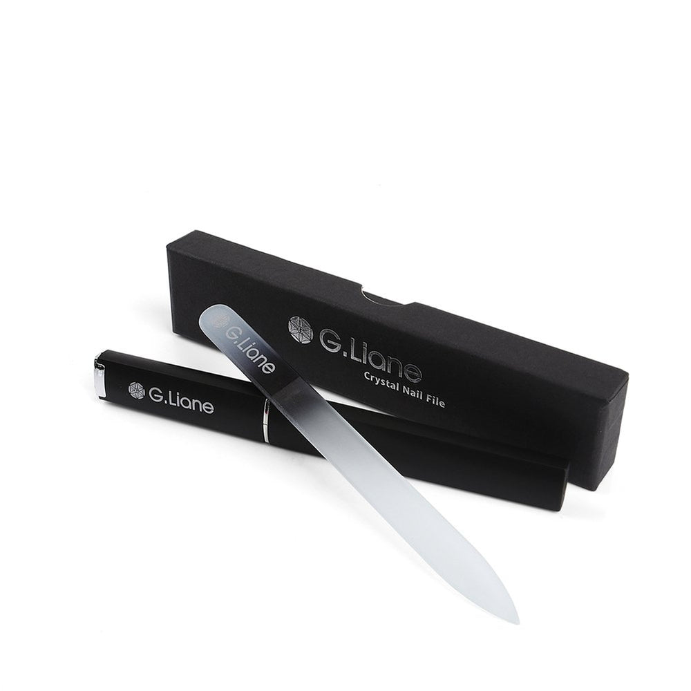 Lima de cristal G.Liane de doble cara con acabado arcoíris negro para uñas naturales y acrílicas.