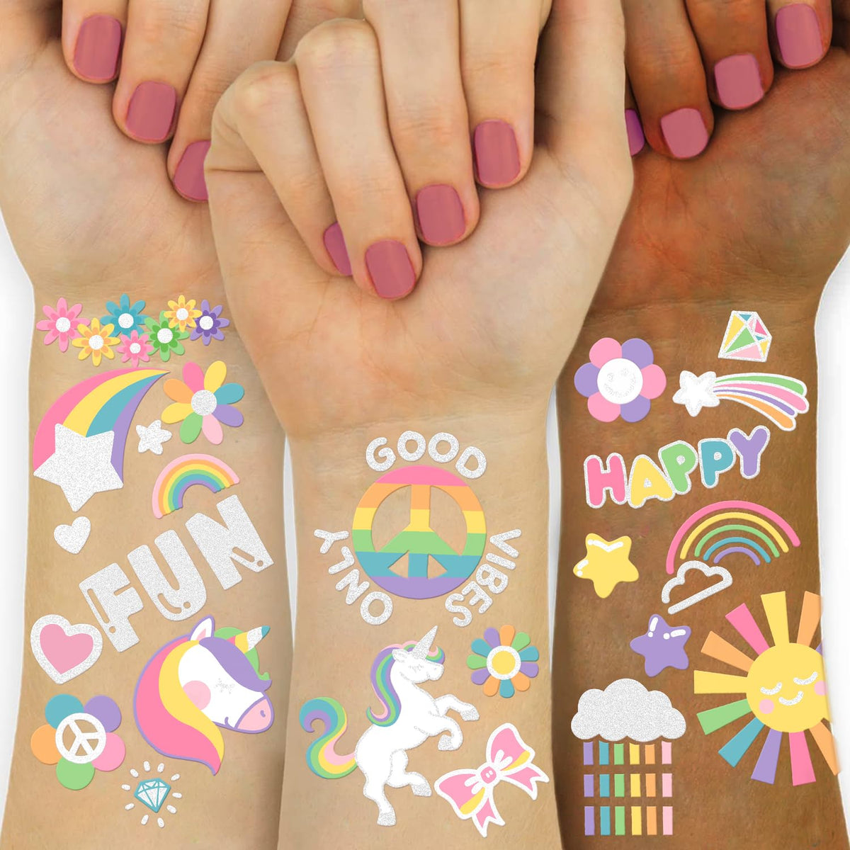 Tatuajes de unicornio con brillo Gabizafia para fiestas infantiles.