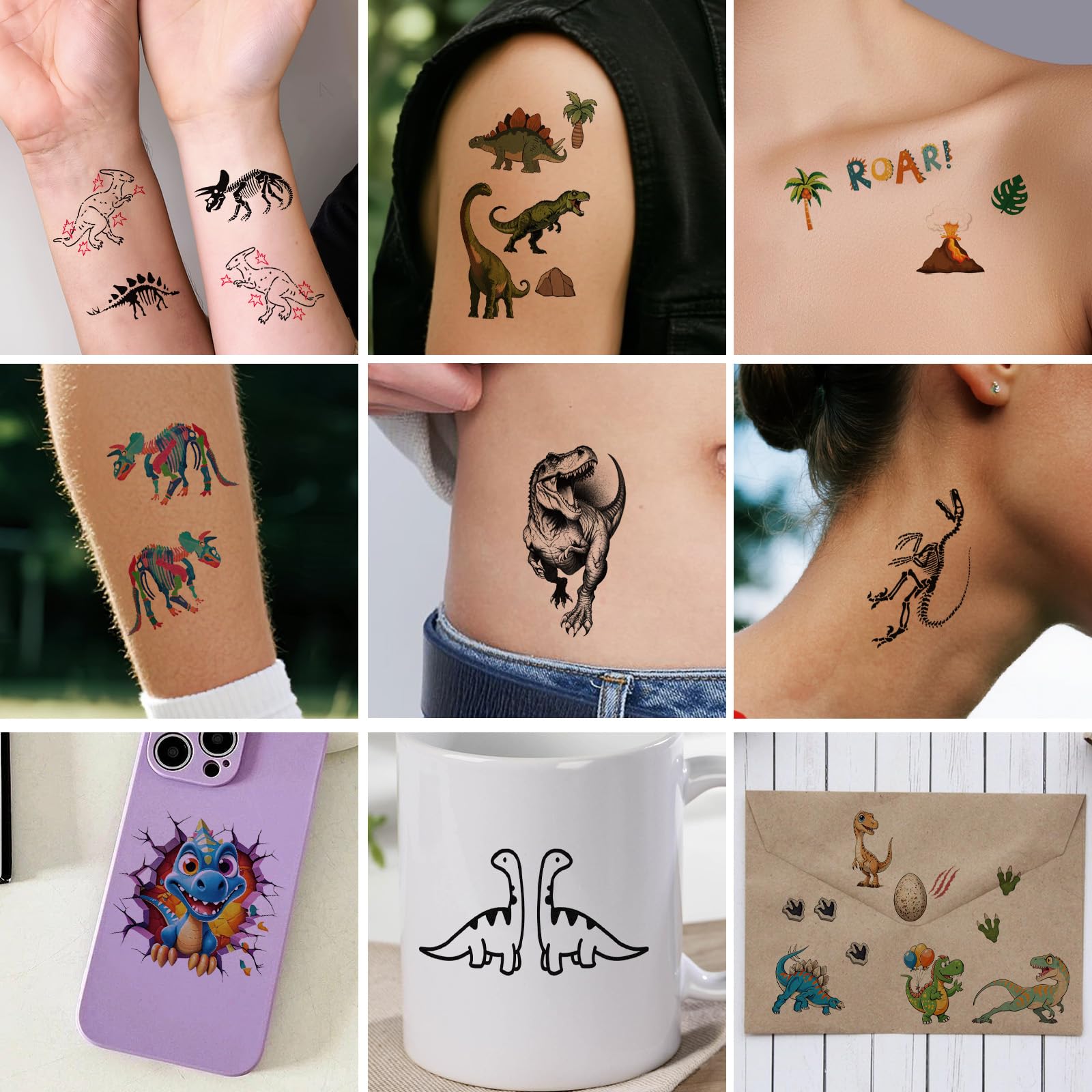 Conjunto completo de tatuajes de dinosaurios para diversiones