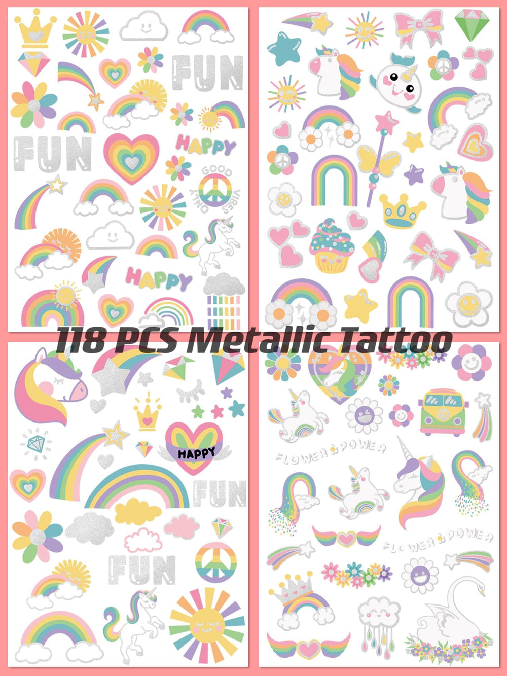 Tatuajes temporales Gabizafia de unicornio arcoíris para niñas.
