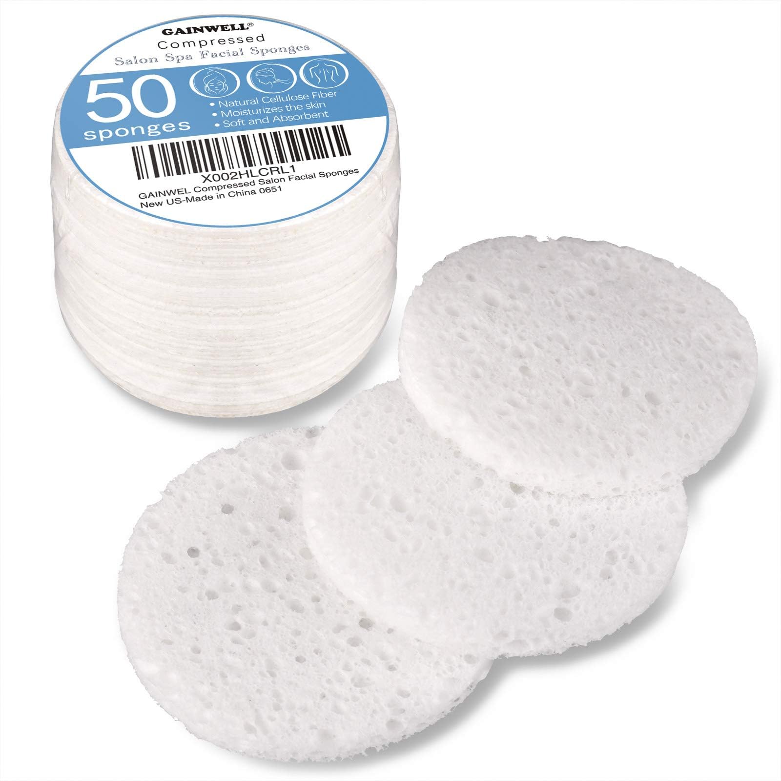 Esponjas faciales GAINWELL blancas, 50 unidades, ideales para limpieza suave diaria.