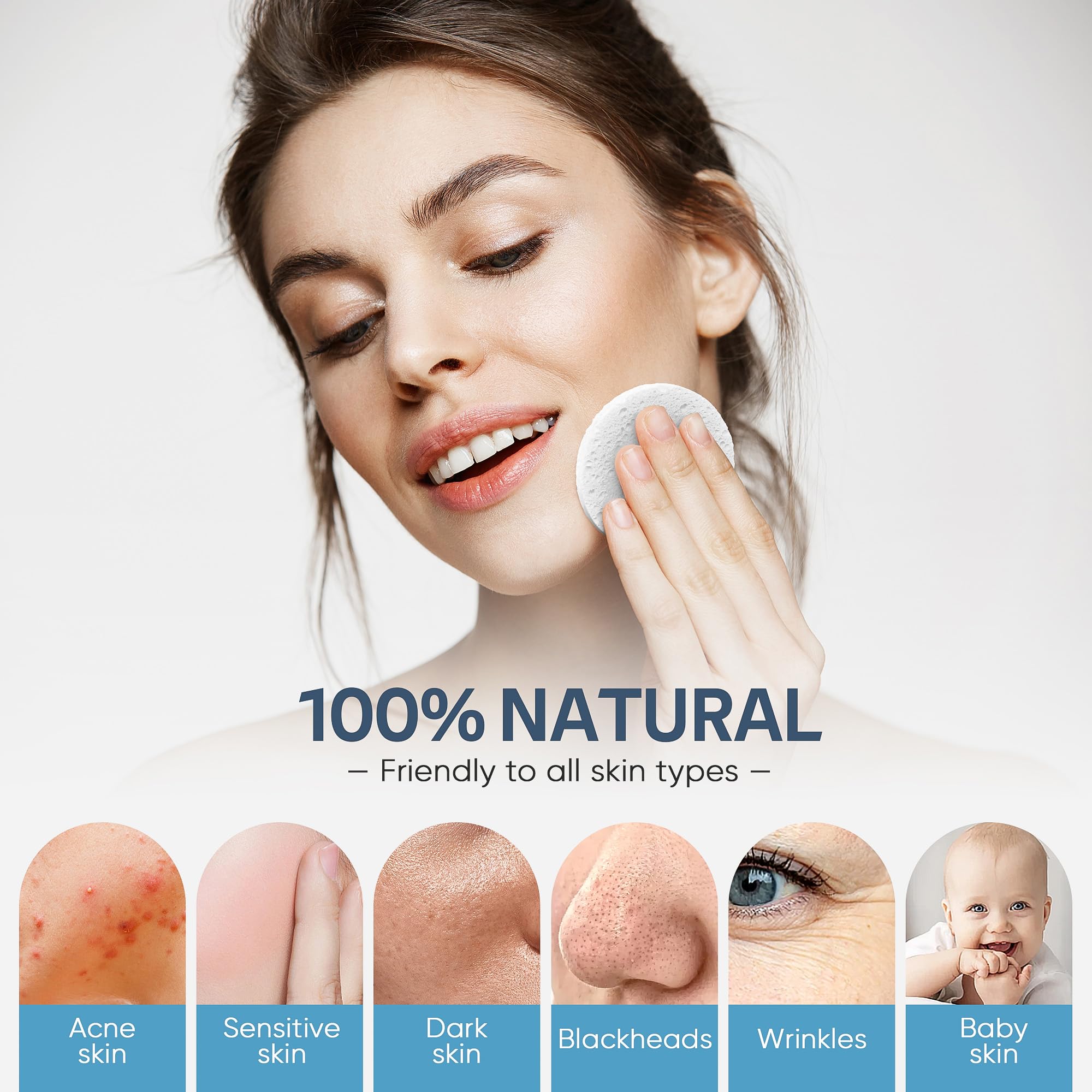 Exfoliación suave diaria con esponjas GAINWELL, aptas para piel sensible.