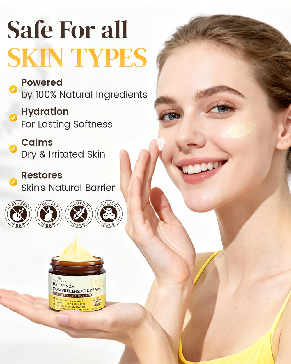 GAJUANR Crema veneno de abeja, textura suave con ingredientes botánicos para piel equilibrada.