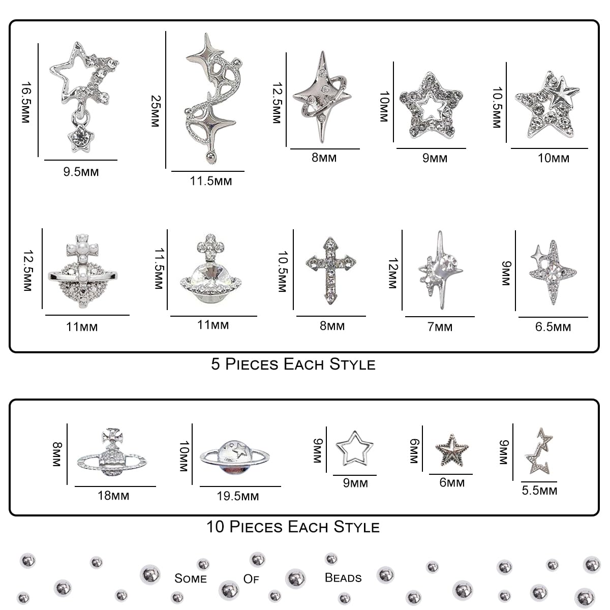 Ganepwns charms uñas planeta estrella plata, acabado cósmico para manicura elegante