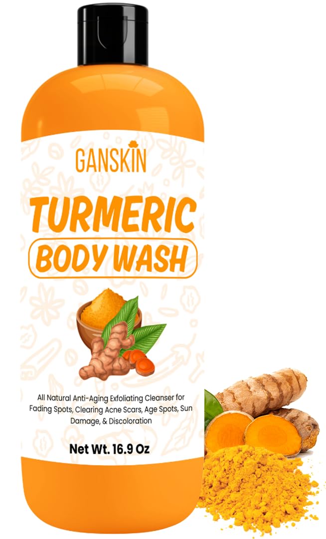 Ganskin gel de cúrcuma, botella en primer plano, cuidado suave para la piel.