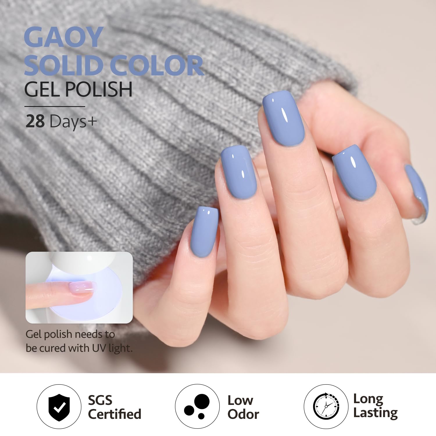 GAOY acabado brillo esmalte gel azul para mayor luminosidad.