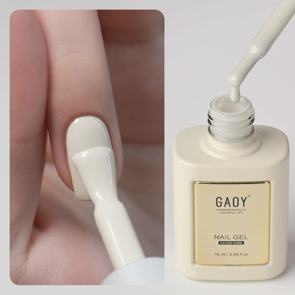 GAOY Gel Beige White, botella de 16 ml, acabado uniforme sin marcas.