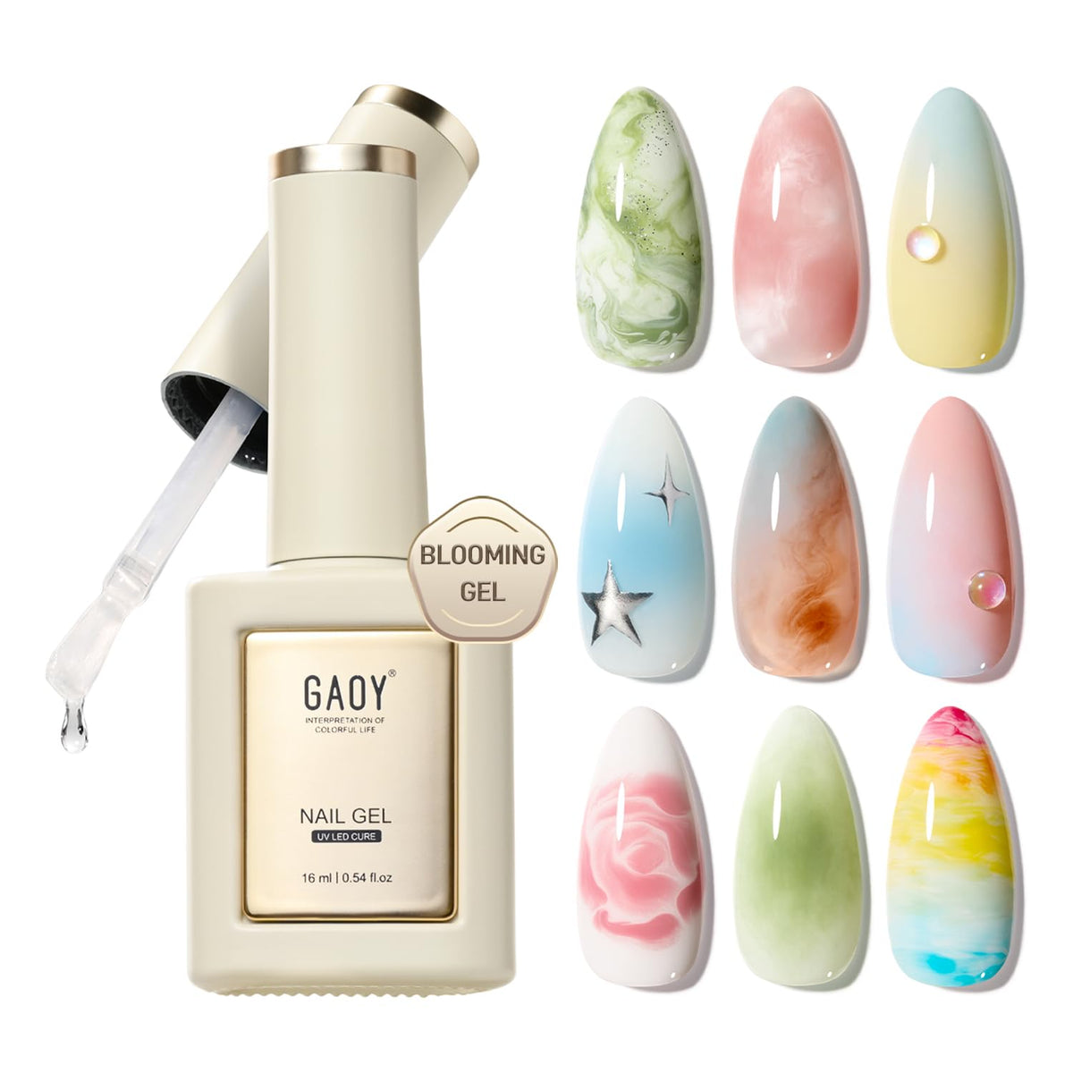 GAOY Blooming Gel en bote de claridad para uñas con acabado limpio y duradero.