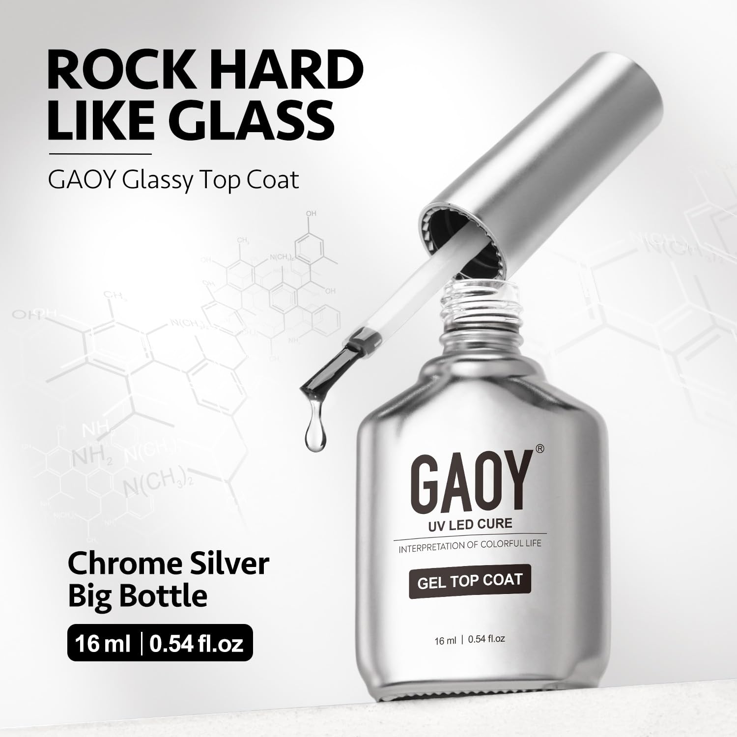 GAOY botellas de 16 ml con diseño cromado brindan presentación elegante y fácil manejo.
