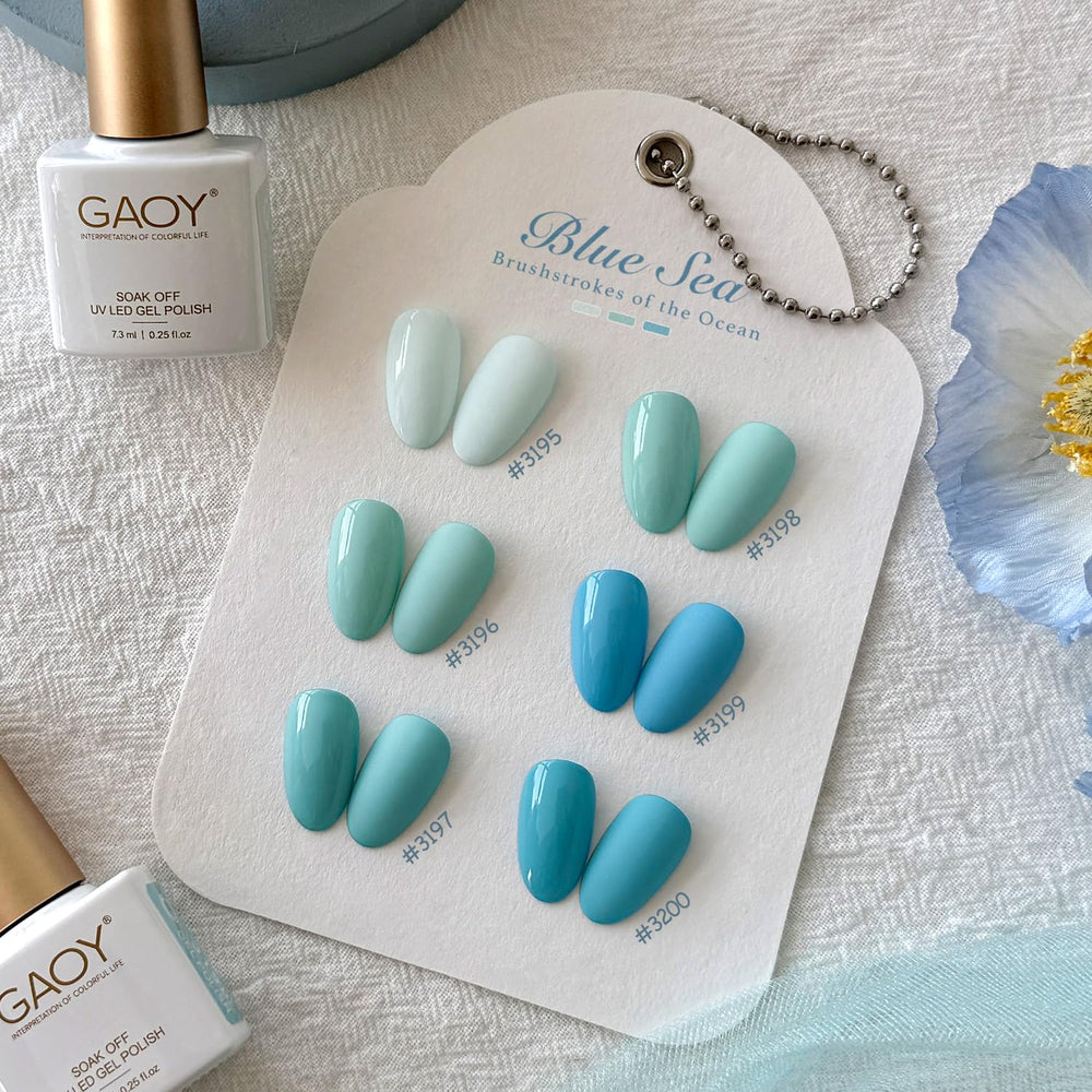 GAOY gel azul claro, brillo duradero y curado UV en 60 segundos.