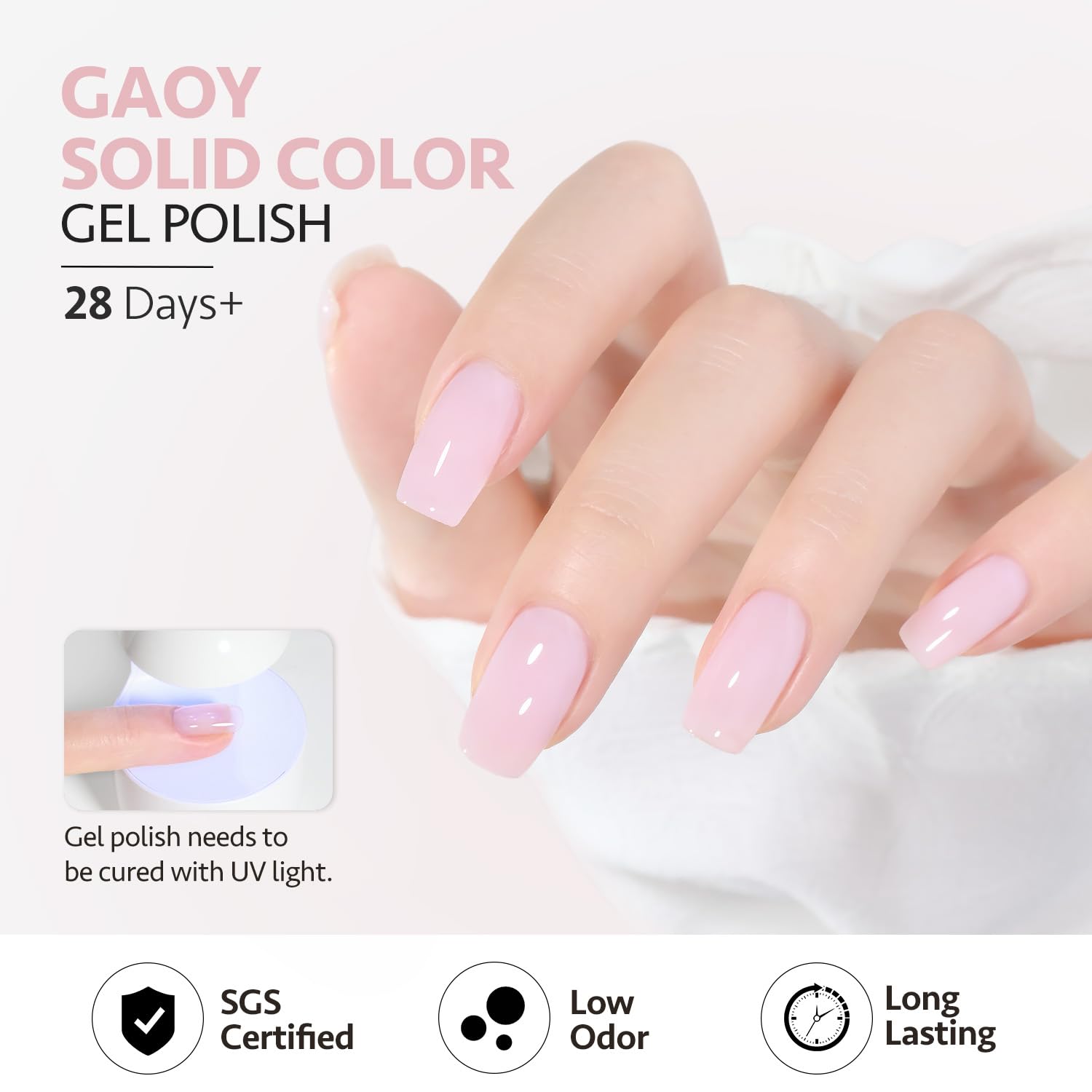 GAOY brillo final, acabado y durabilidad en uñas rosa bebé.