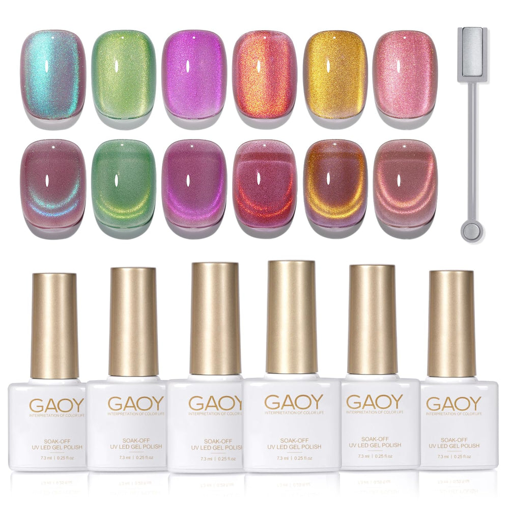 GAOY Cat Eye gel polishes con destellos rosa-verde para uñas llamativas.