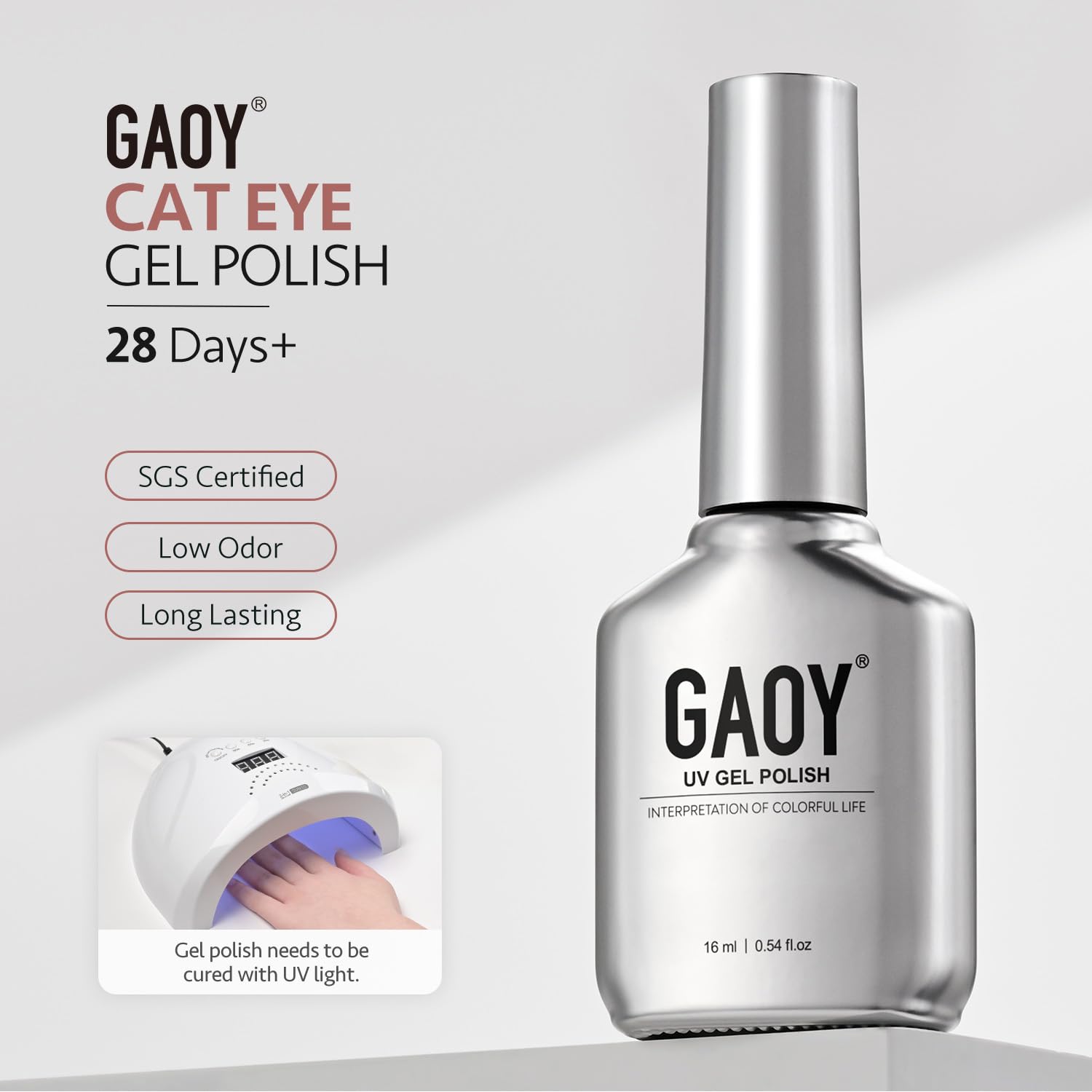 GAOY gel con técnica ojo de gato para un acabado deslumbrante.
