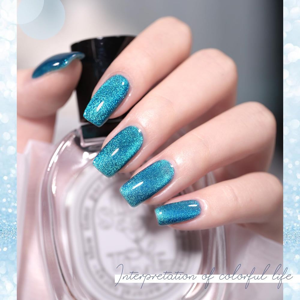 GAOY Esmalte gel azul muestra brillo translúcido con destellos