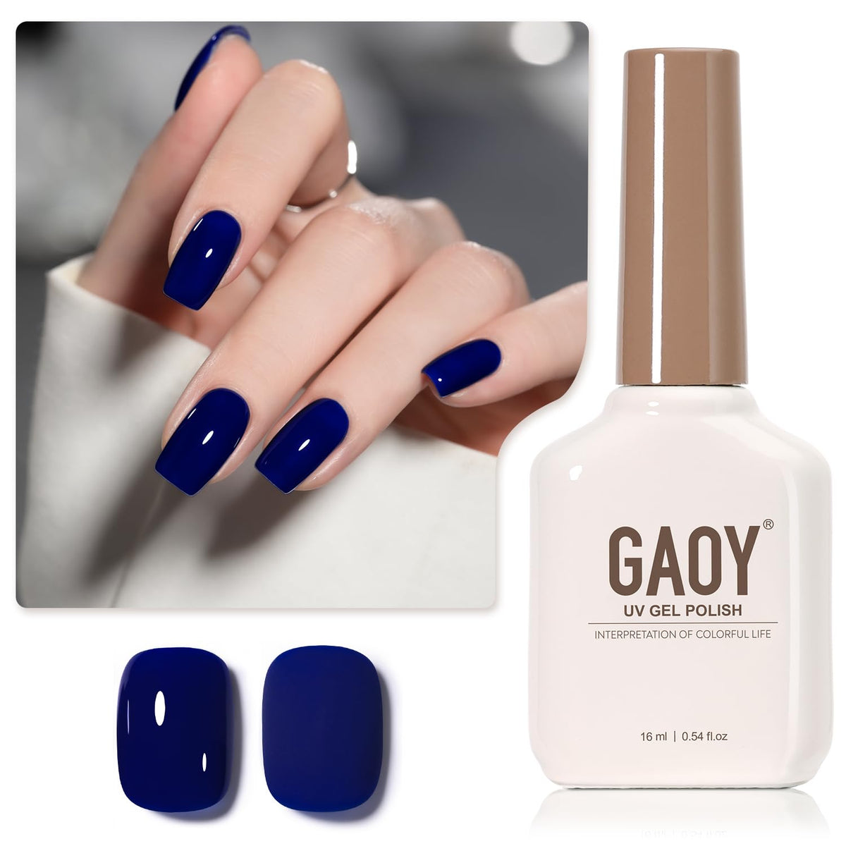 GAOY Esmalte gel azul profundo, botella frontal, tono intenso para manicura duradera.