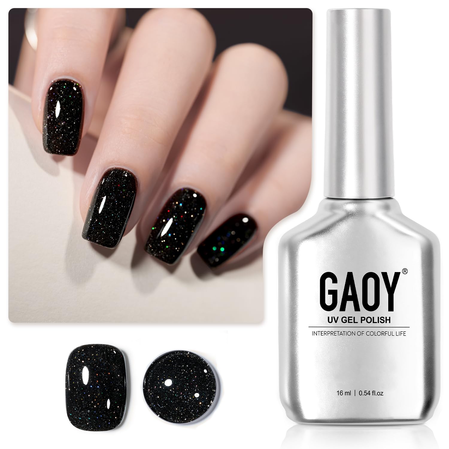 GAOY esmalte gel negro con brillo reflectante para uñas, acabado holográfico duradero.