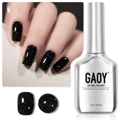 GAOY esmalte gel negro con brillo reflectante para uñas, acabado holográfico duradero.