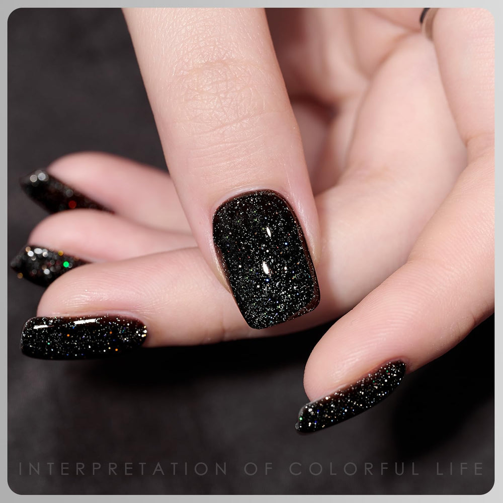 GAOY esmalte gel negro con glitter, look glam para noches.