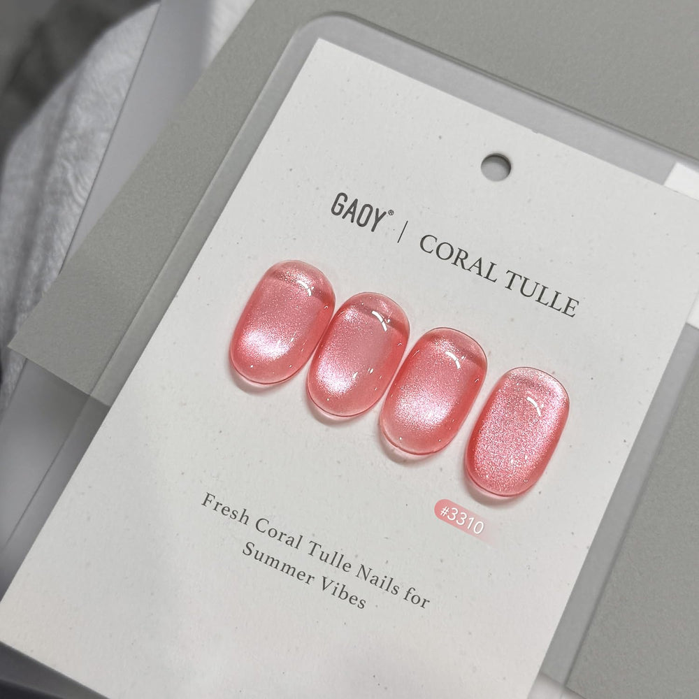 GAOY esmalte gel ojo de gato rosa coral, detalle de brillo y textura holográfica.