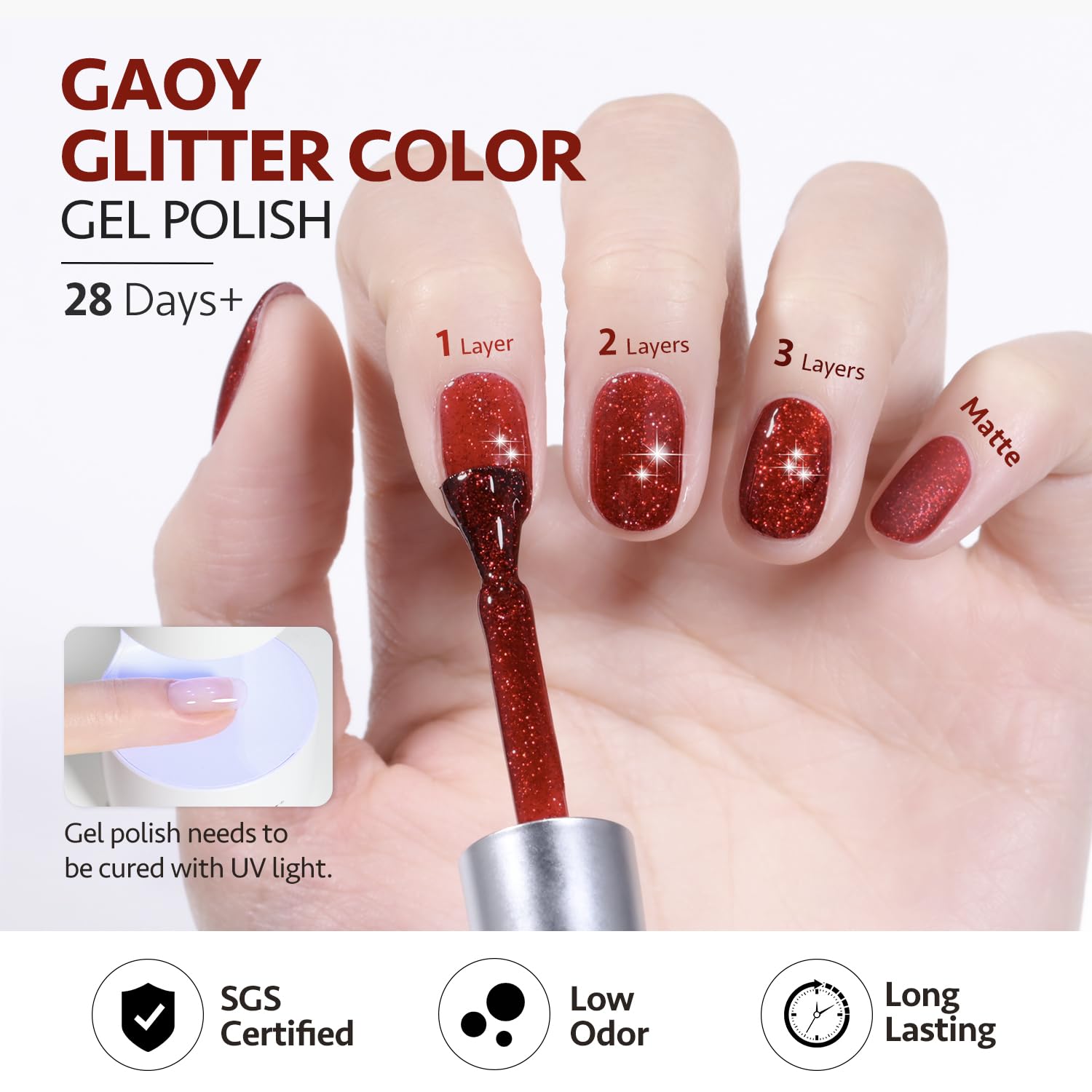 GAOY esmalte gel destellos rojo muestra uñas con brillo intenso.