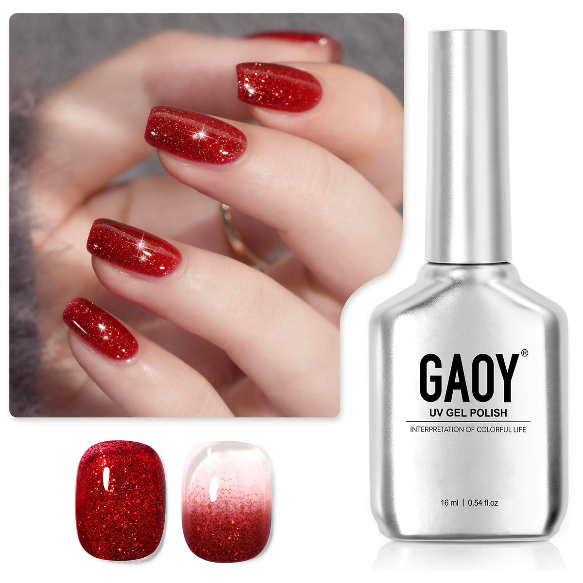 GAOY esmalte gel destellos rojo, botella brillante para estilos festivos.