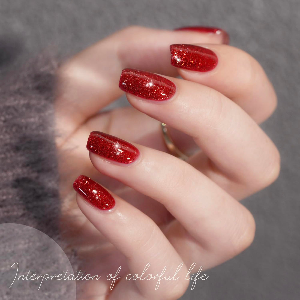 GAOY esmalte gel destellos rojo textura y cobertura visibles.