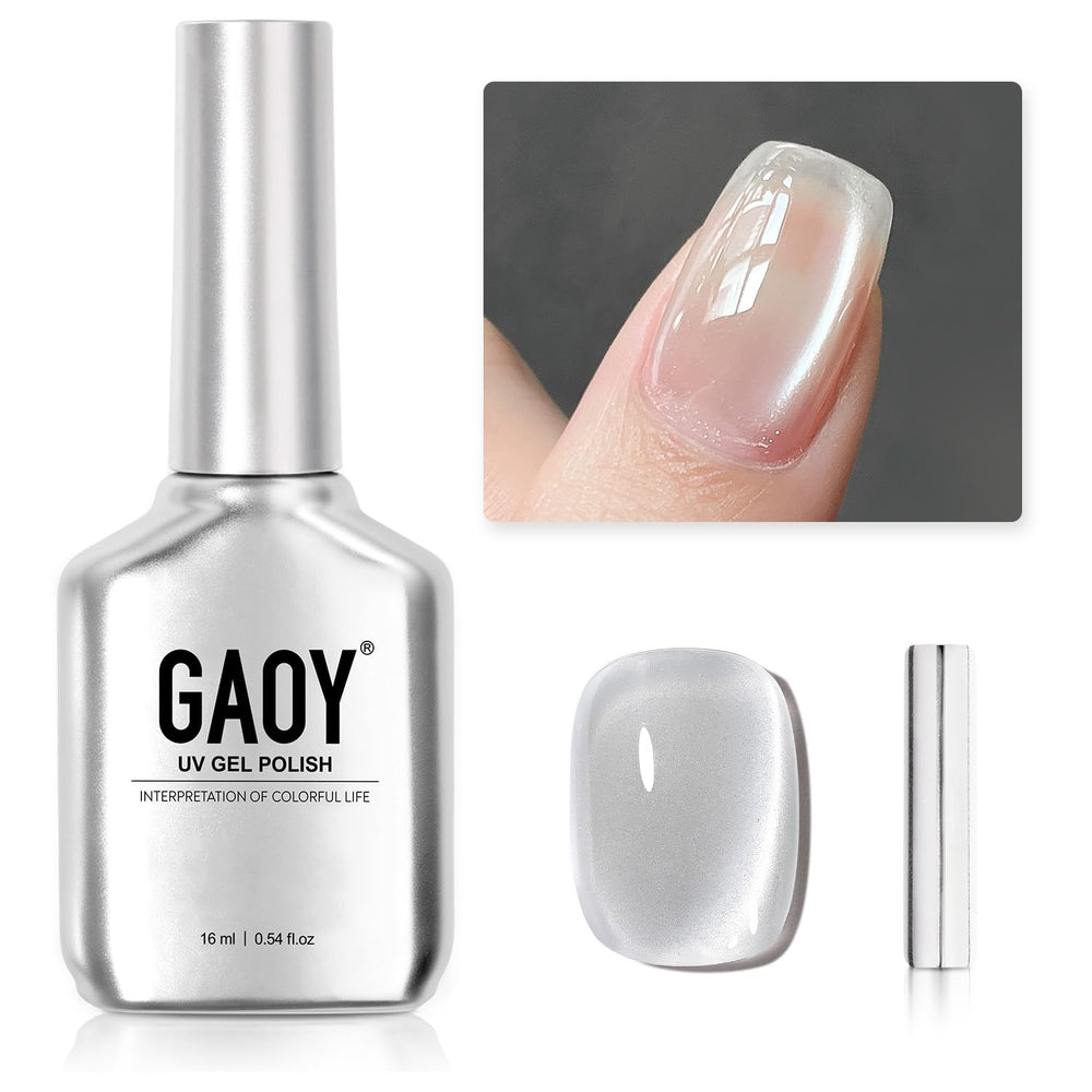 GAOY es esmalte gel con efecto ojo de gato translúcido plateado, ideal para detalles brillantes.