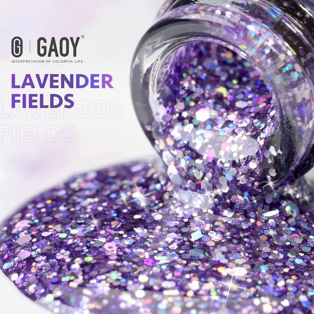 GAOY esmalte gel glitter Lavanda Fields, acabado brillante y duradero con dos capas