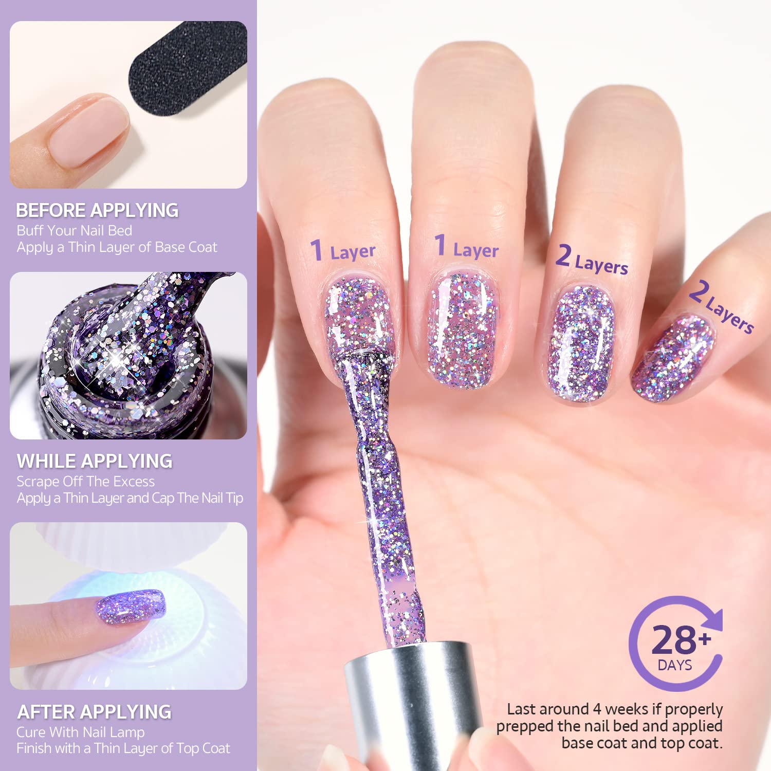 GAOY esmalte gel glitter Lavanda Fields, sin toxinas y olor más suave