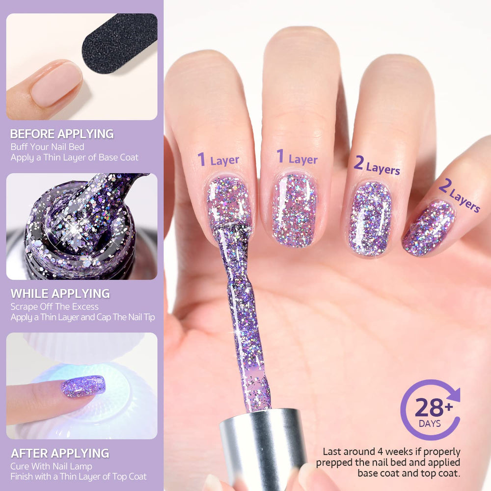 GAOY esmalte gel glitter Lavanda Fields, sin toxinas y olor más suave