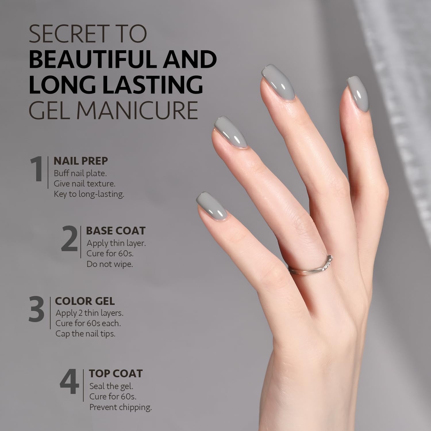 GAOY Esmalte gel gris, acabado brillante tras el secado.