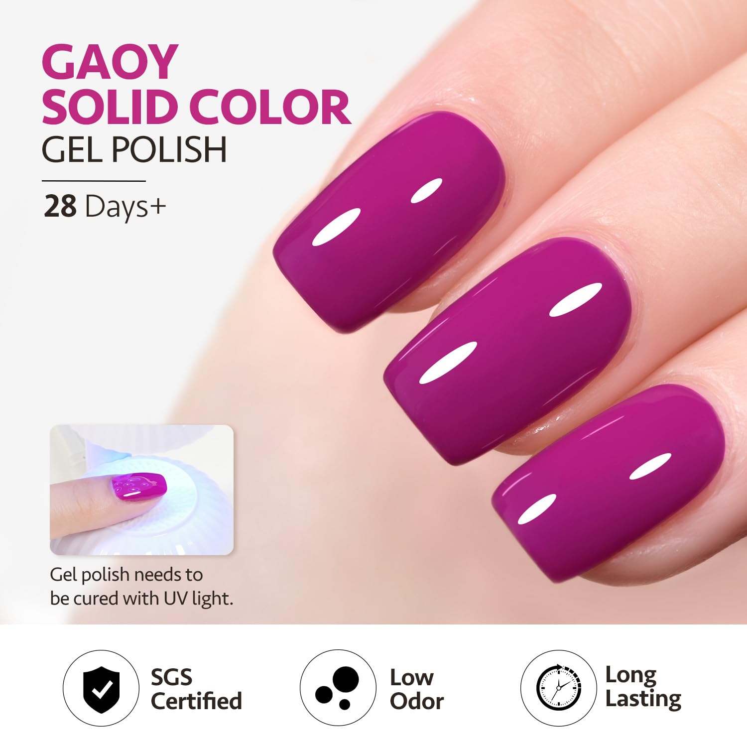 GAOY esmalte gel morado con acabado brillante para look duradero.