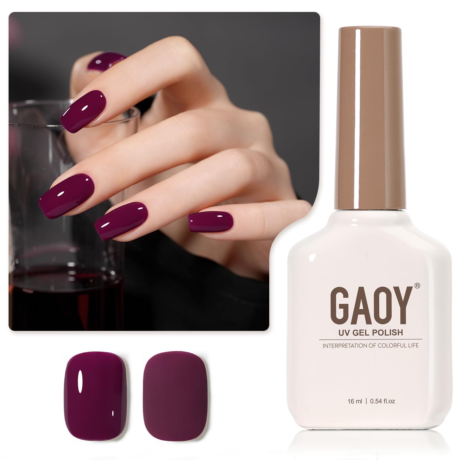 GAOY Esmalte gel morado translúcido en primer plano, frasco en manos para acabado duradero.