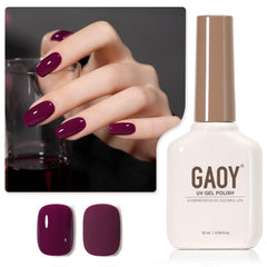 GAOY Esmalte gel morado translúcido en primer plano, frasco en manos para acabado duradero.
