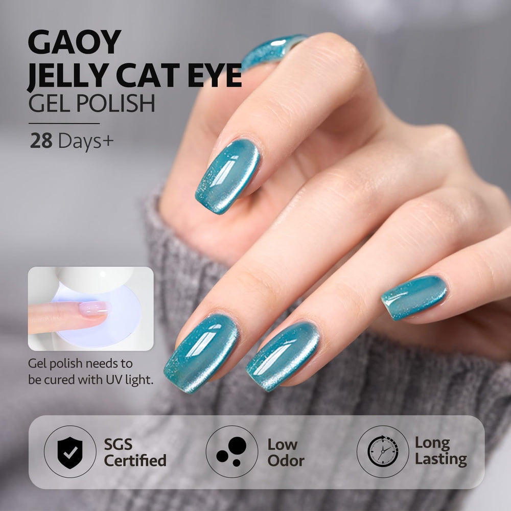 GAOY Esmalte Gel Ojo de Gato: cura en lámpara LED UV en 60 segundos.